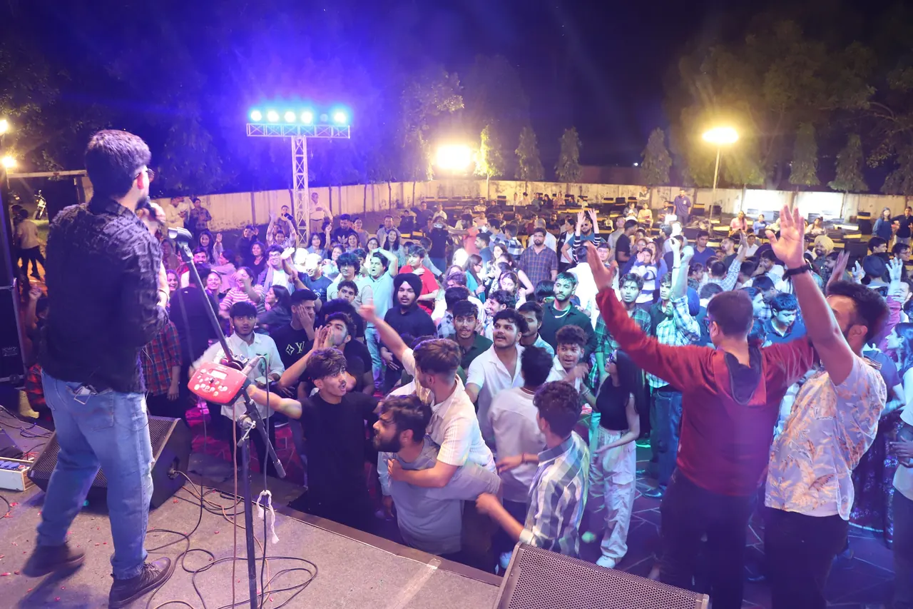 A singer performs at the edge of the stage at night as a crowd cheers below the lights